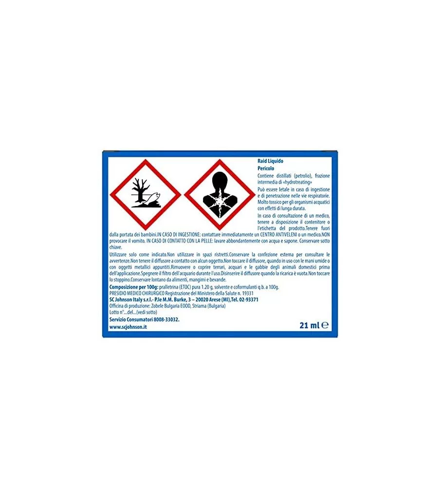 DIFFUSORE LIQUIDO ANTIZANZARE RAID "30 NOTTI" CON RICARICA